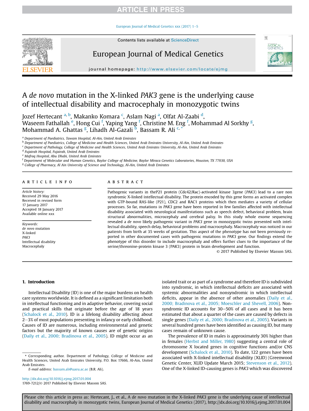 A De Novo Mutation in the X-Linked PAK3 Gene Is the Underlying Cause of Intellectual Disability and Macrocephaly in Monozygotic Twins