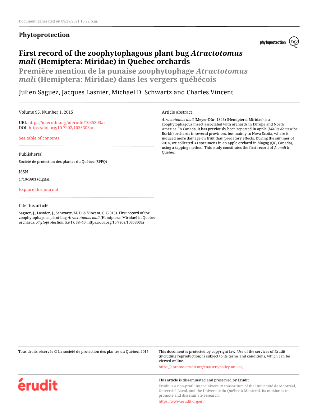 First Record of the Zoophytophagous Plant Bug Atractotomus Mali (Hemiptera: Miridae) in Quebec Orchards