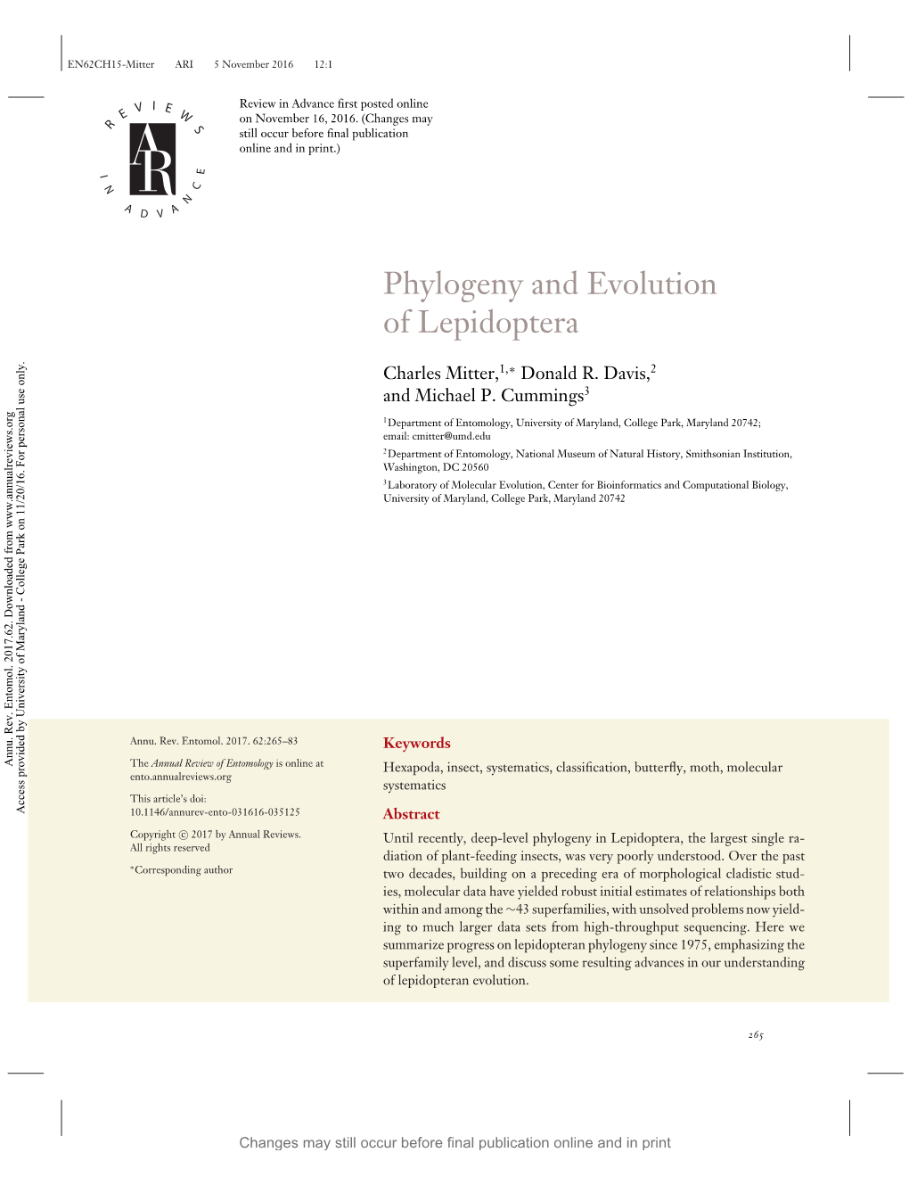 Phylogeny and Evolution of Lepidoptera