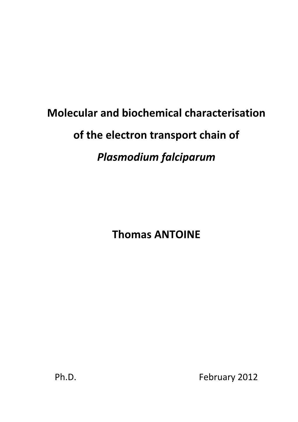 Molecular and Biochemical Characterisation of the Electron Transport Chain of Plasmodium Falciparum