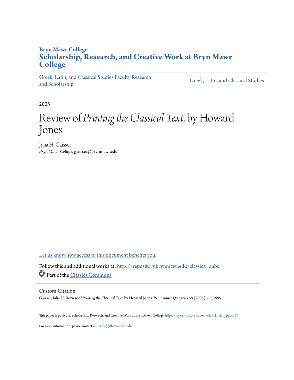 Review of Printing the Classical Text, by Howard Jones Julia H