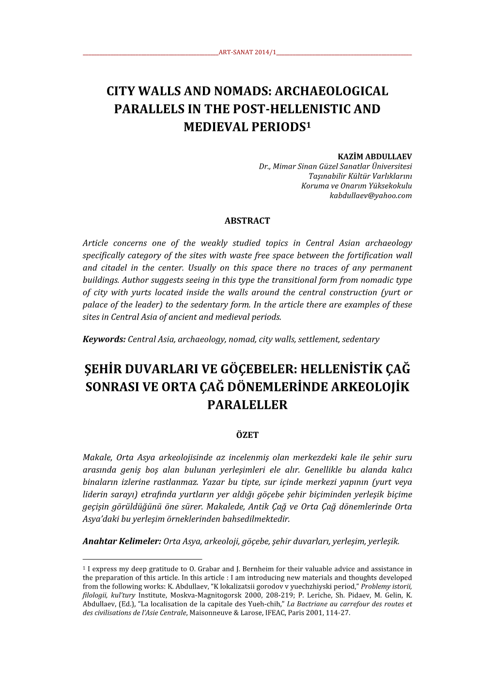 City Walls and Nomads: Archaeological Parallels in the Post-Hellenistic and Medieval Periods 1