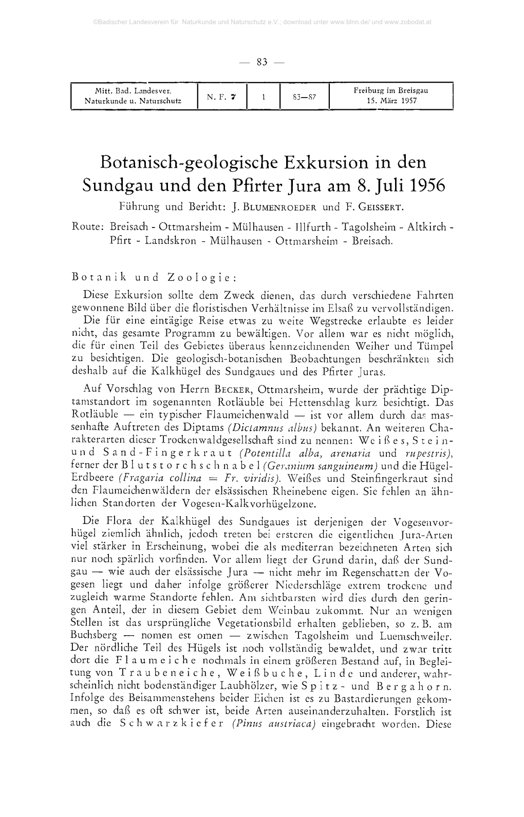 Botanisch-Geologische Exkursion in Den Sundgau Und Den Pfirter Jura Am 8. Juli 1956 Führung Und Bericht: J