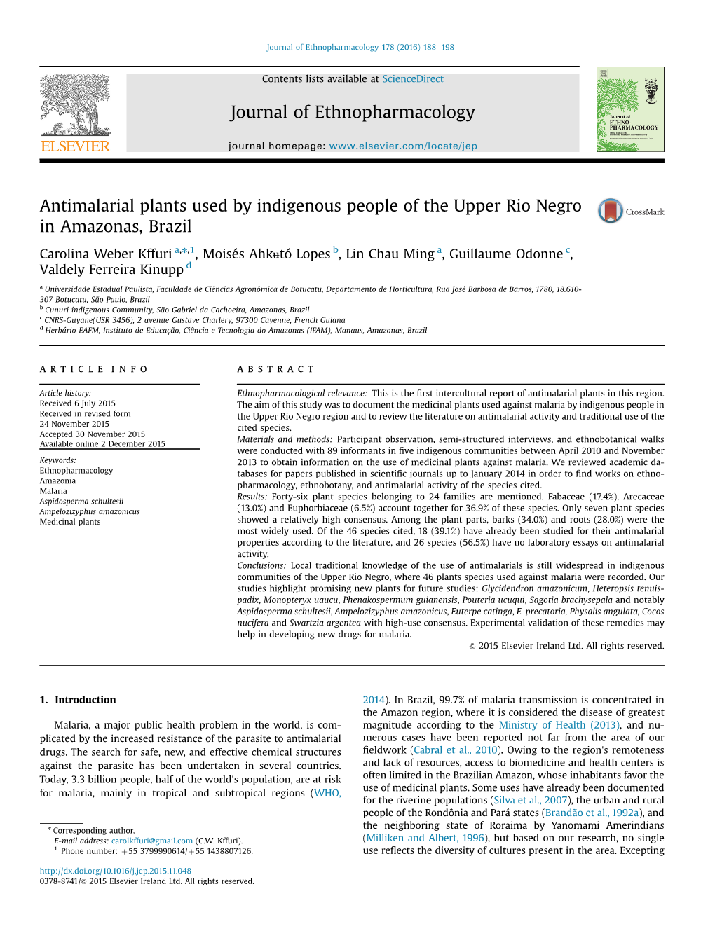 Antimalarial Plants Used by Indigenous People of the Upper Rio Negro in Amazonas, Brazil