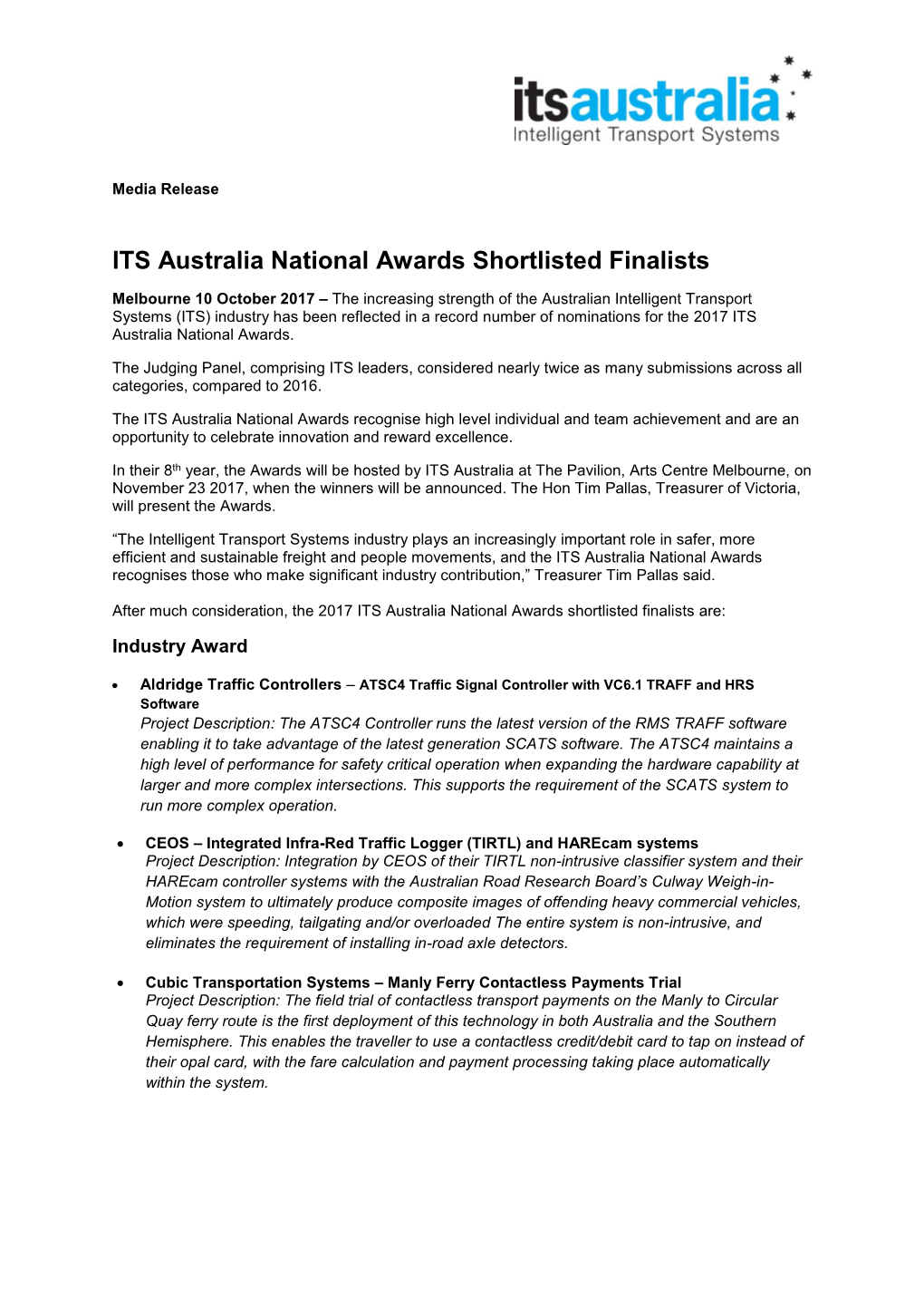 ITS Australia National Awards Shortlisted Finalists