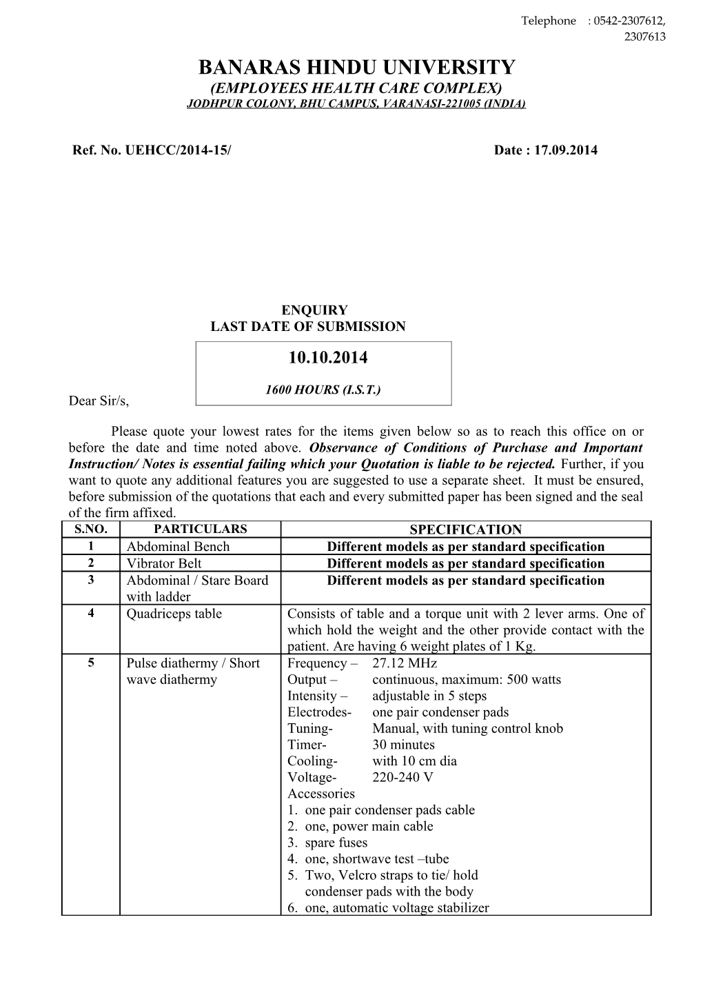 Ref. No. UEHCC/2014-15/ Date : 17.09.2014