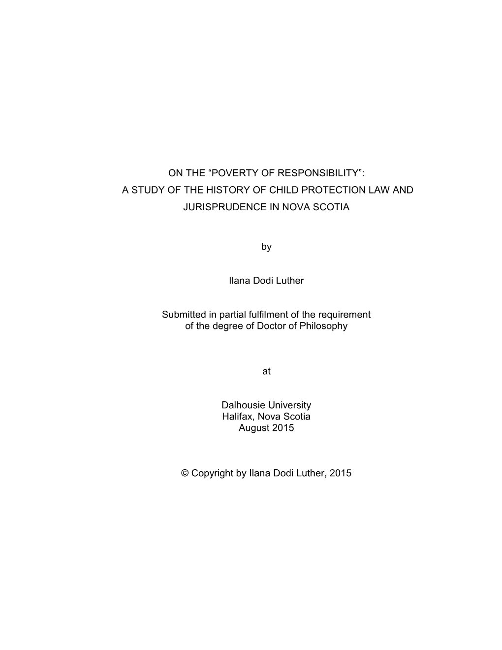 A Study of the History of Child Protection Law and Jurisprudence in Nova Scotia