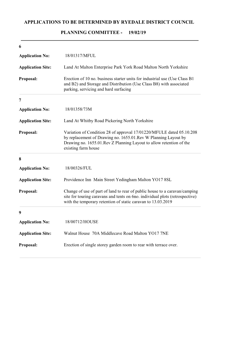 19/02/19 Applications to Be Determined by Ryedale