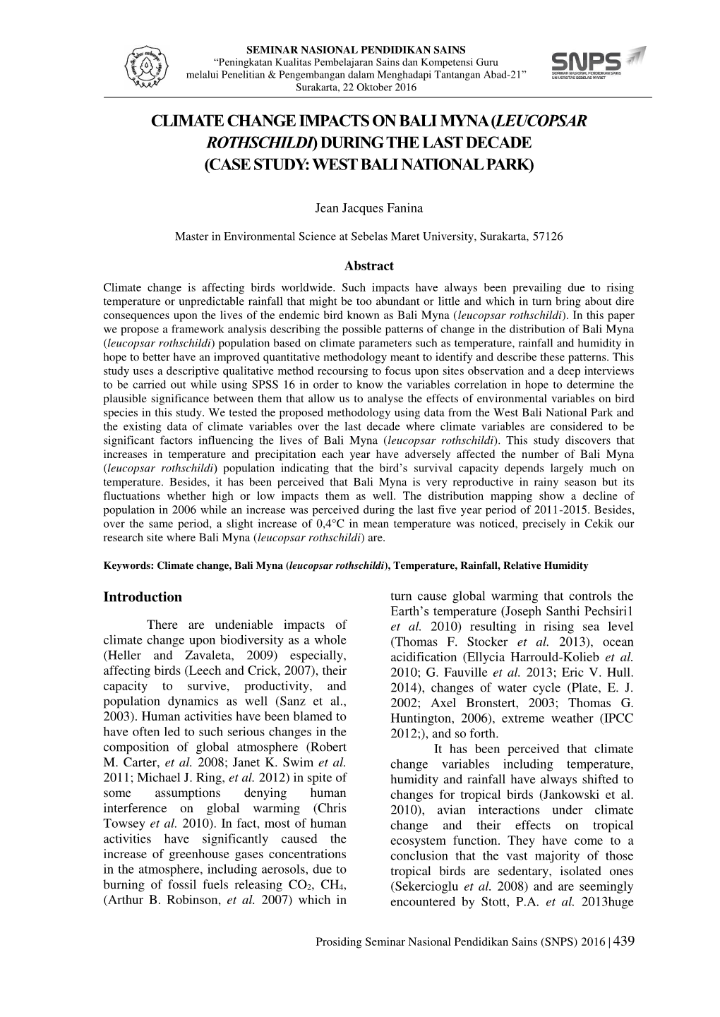 Climate Change Impacts on Bali Myna (Leucopsar Rothschildi) During the Last Decade (Case Study: West Bali National Park)