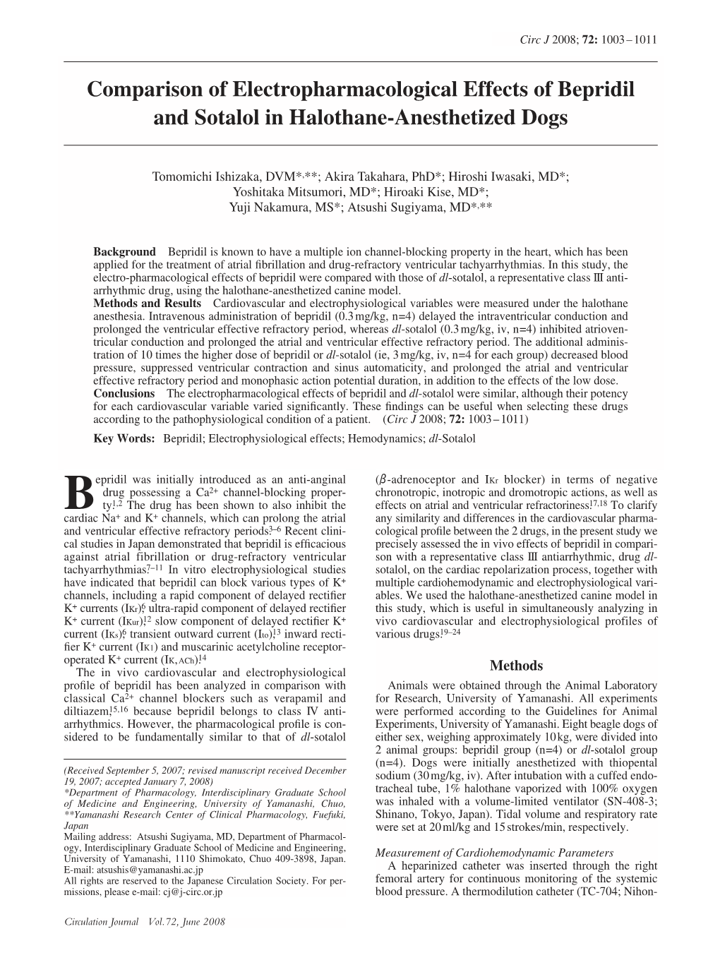 Comparison of Electropharmacological Effects of Bepridil and Sotalol in Halothane-Anesthetized Dogs