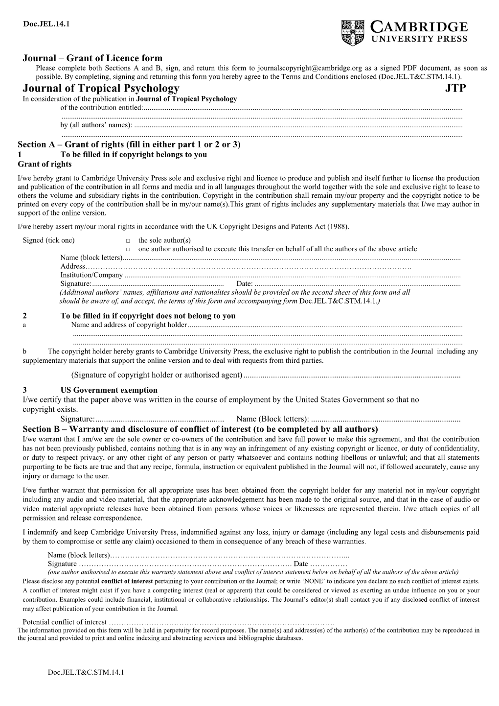 Form Please Complete Both Sections a and B, Sign, and Return This Form to Journalscopyright@Cambridge.Org As a Signed PDF Document, As Soon As Possible