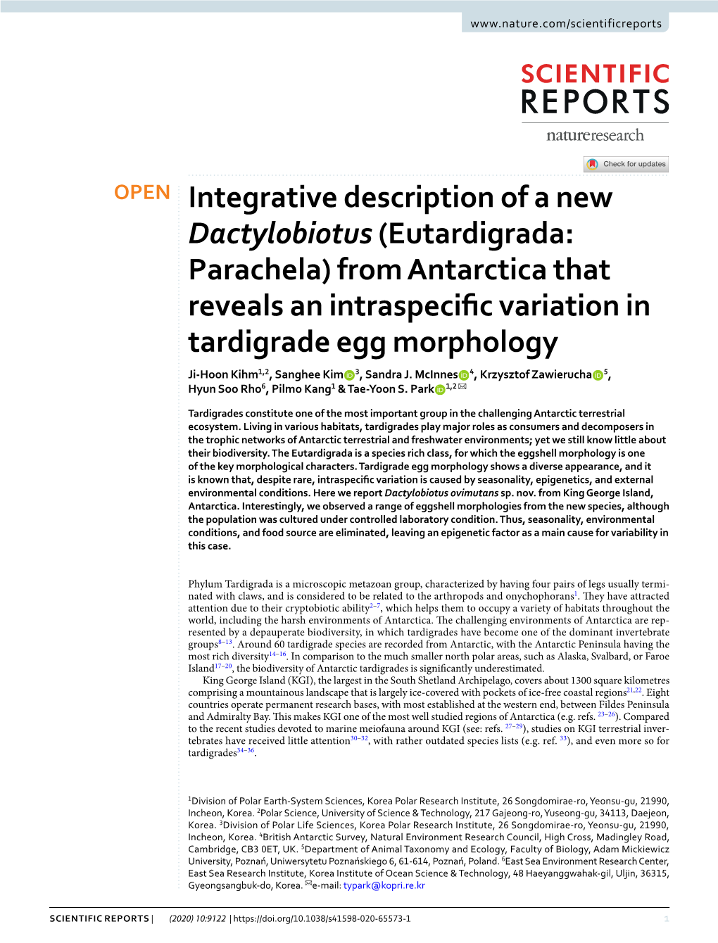 Eutardigrada: Parachela) from Antarctica That Reveals an Intraspecifc Variation in Tardigrade Egg Morphology Ji-Hoon Kihm1,2, Sanghee Kim 3, Sandra J