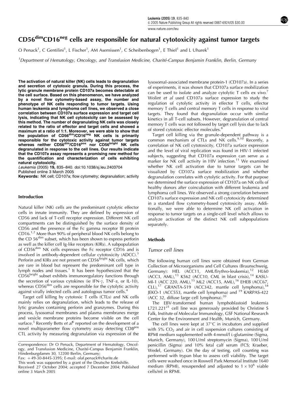 Cd56dimcd16neg Cells Are Responsible for Natural Cytotoxicity Against Tumor Targets