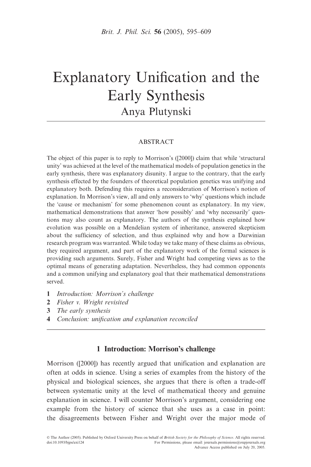 Explanatory Unification and the Early Synthesis 597