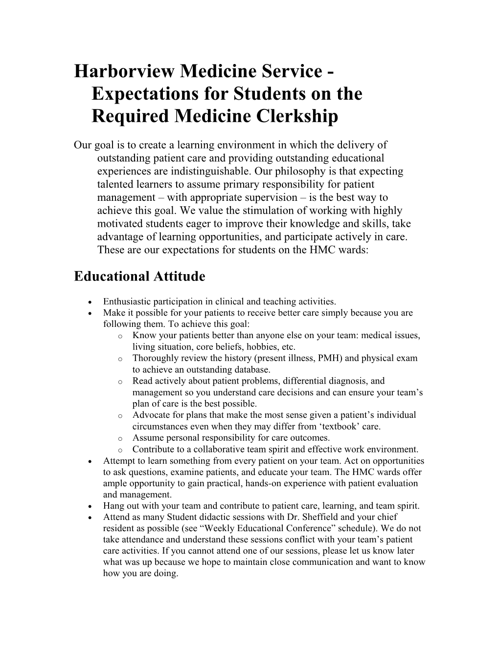 Harborview Medicine Expectations for Ward Students