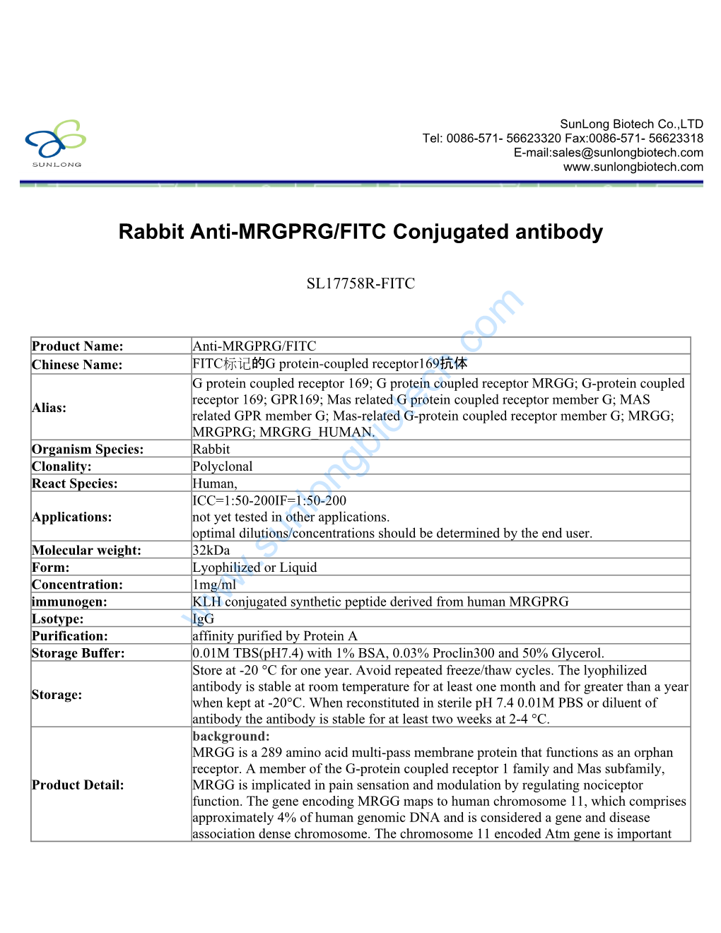 Rabbit Anti-MRGPRG/FITC Conjugated Antibody-SL17758R