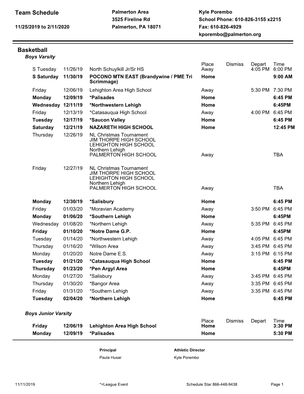 Team Schedule Basketball