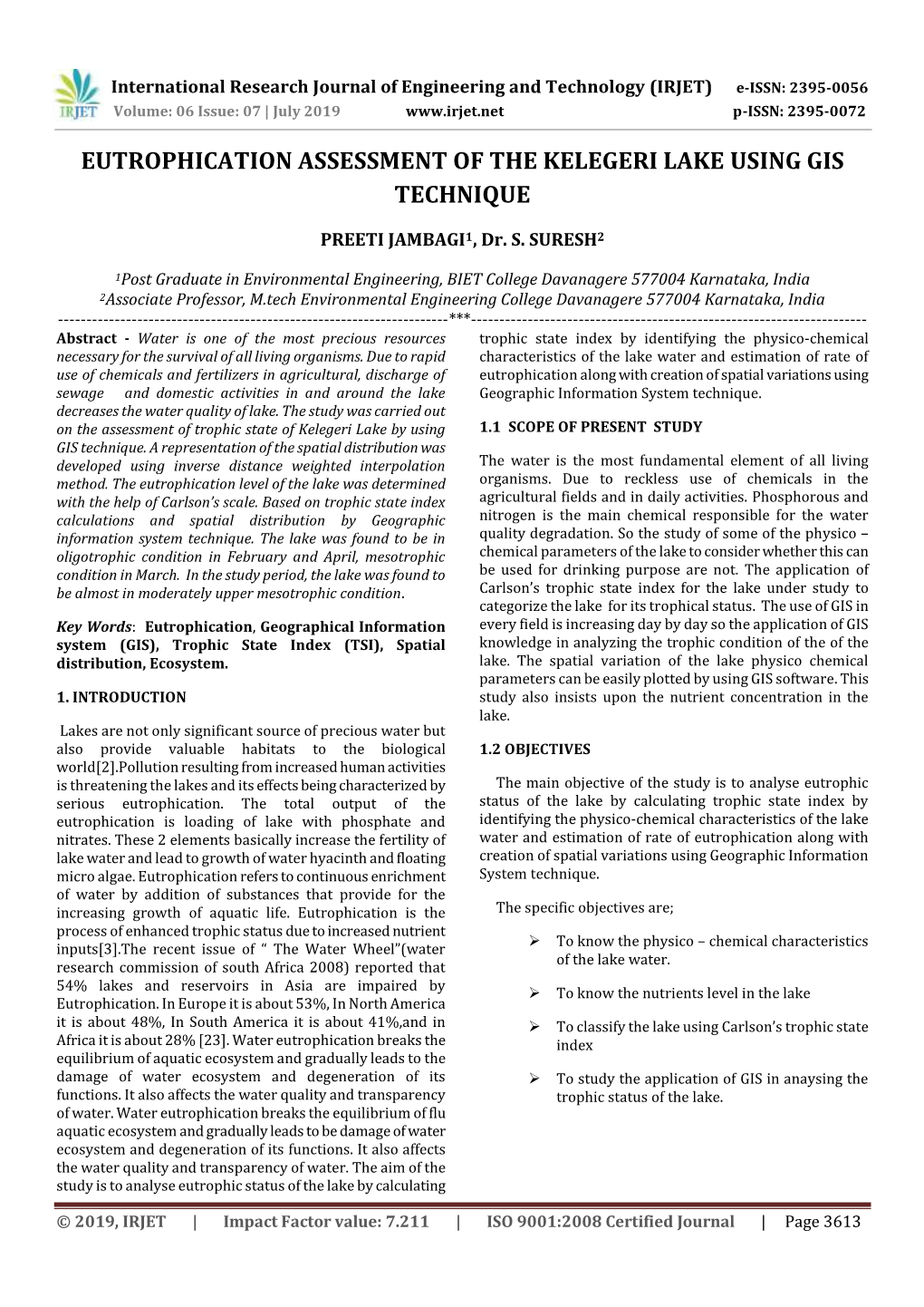 Eutrophication Assessment of the Kelegeri Lake Using Gis Technique