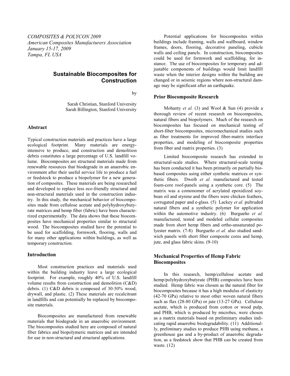 Sustainable Biocomposites for Construction