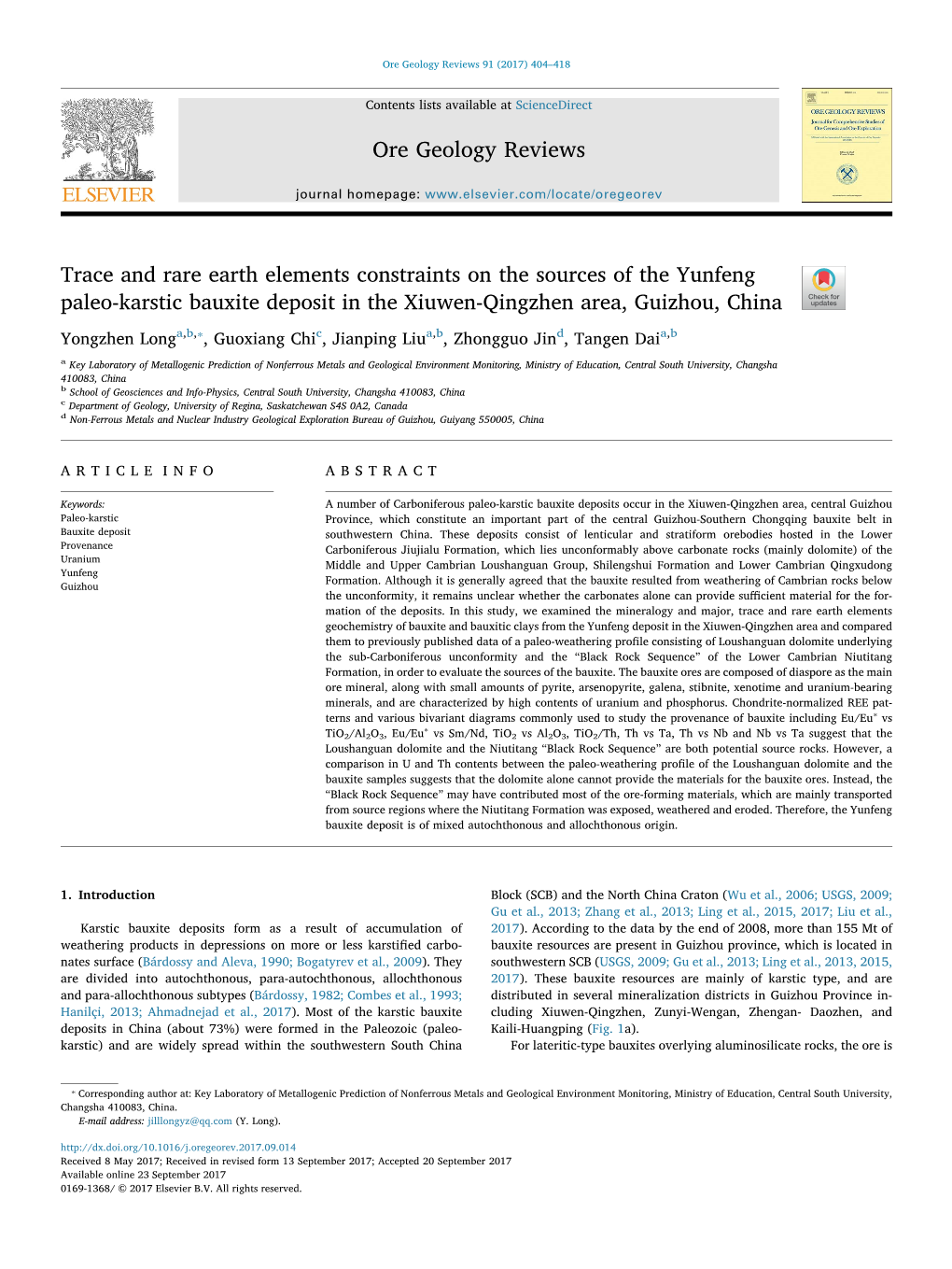 Trace and Rare Earth Elements Constraints on the Sources of the Yunfeng Paleo-Karstic Bauxite Deposit in the Xiuwen-Qingzhen