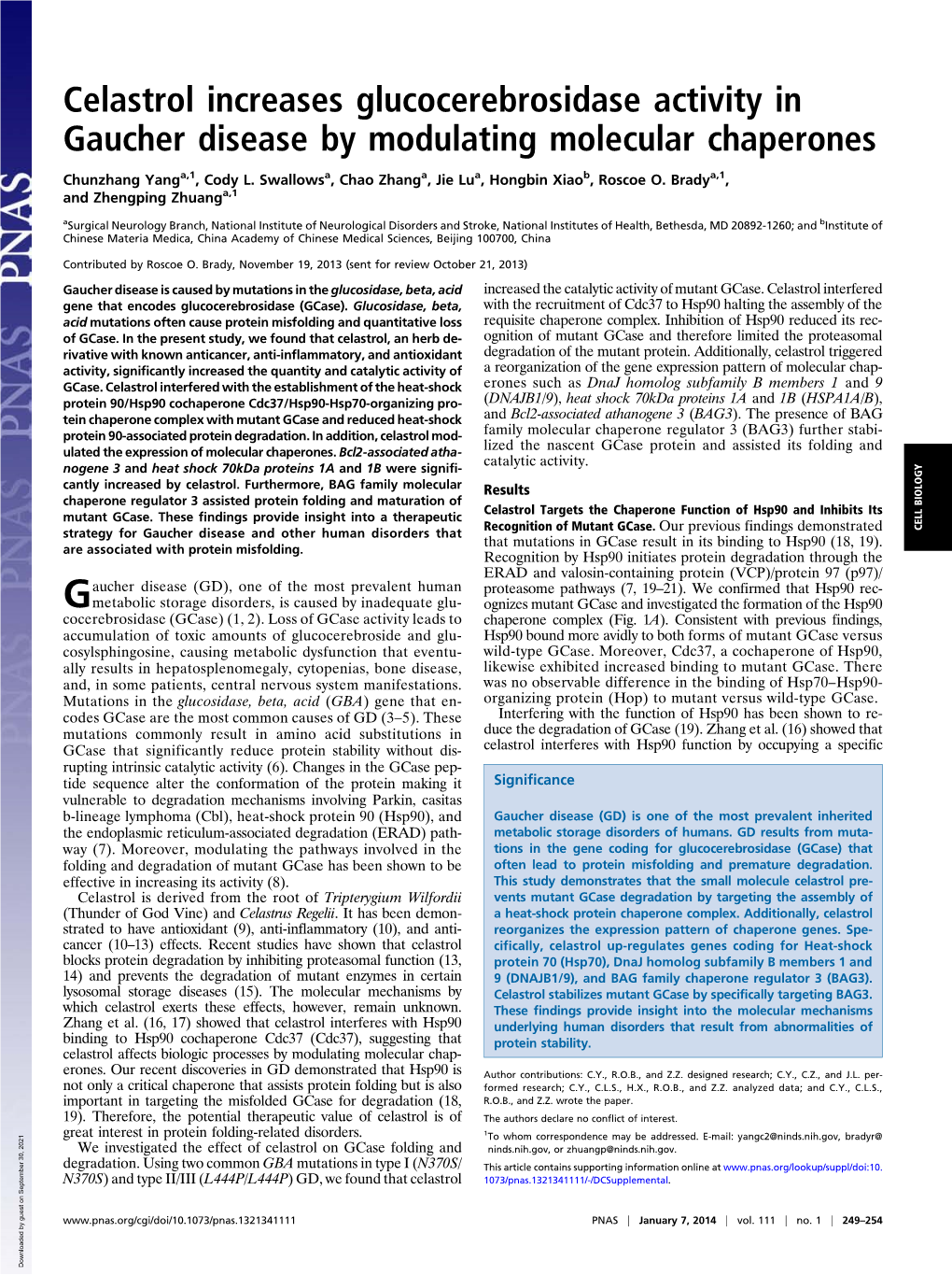 Celastrol Increases Glucocerebrosidase Activity in Gaucher Disease by Modulating Molecular Chaperones