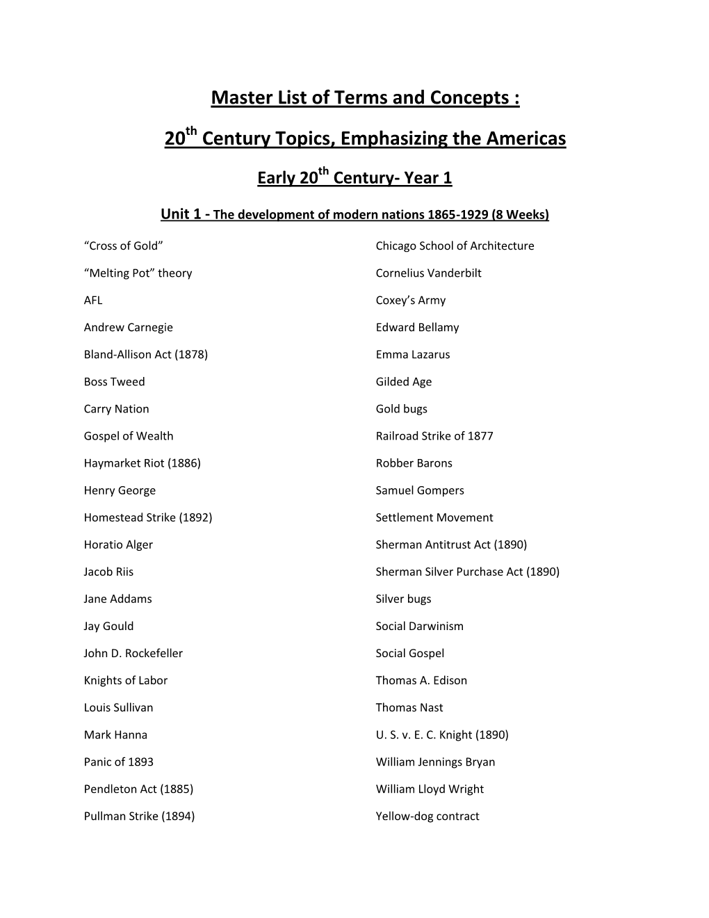 Master List of Terms and Concepts : 20 Century Topics, Emphasizing the Americas