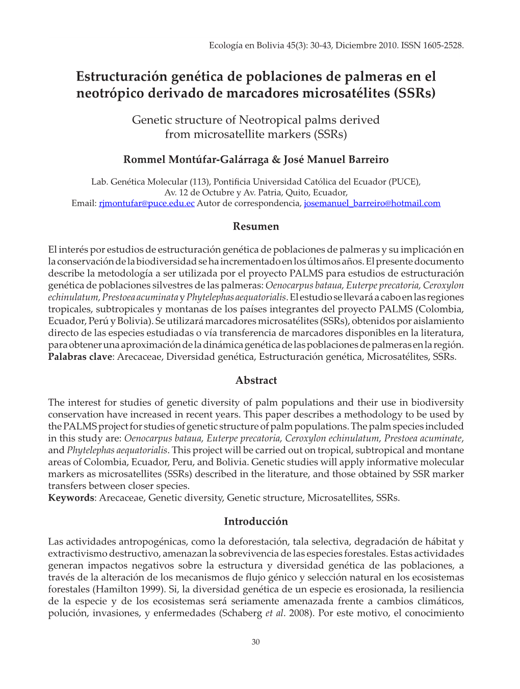 Estructuración Genética De Poblaciones De Palmeras En El Neotrópico Derivado De Marcadores Microsatélites (Ssrs)