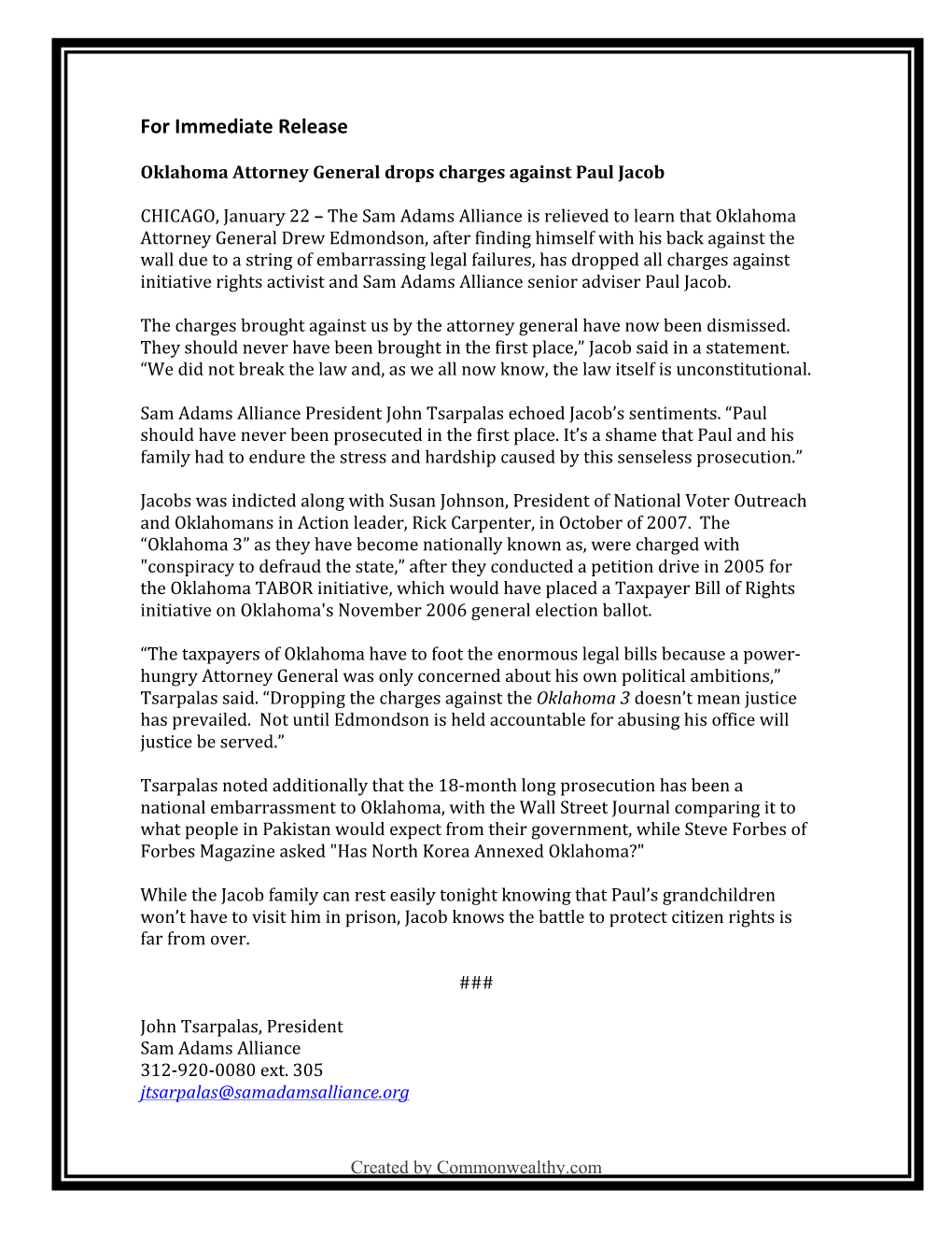 Sample Press Release