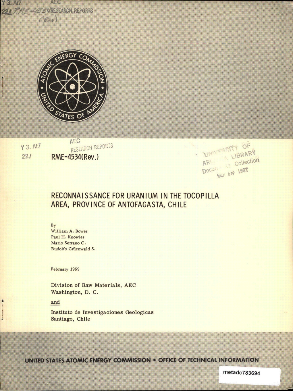 Reconnaissance for Uranium in the Tocopilla Area, Province of Antofagasta, Chile