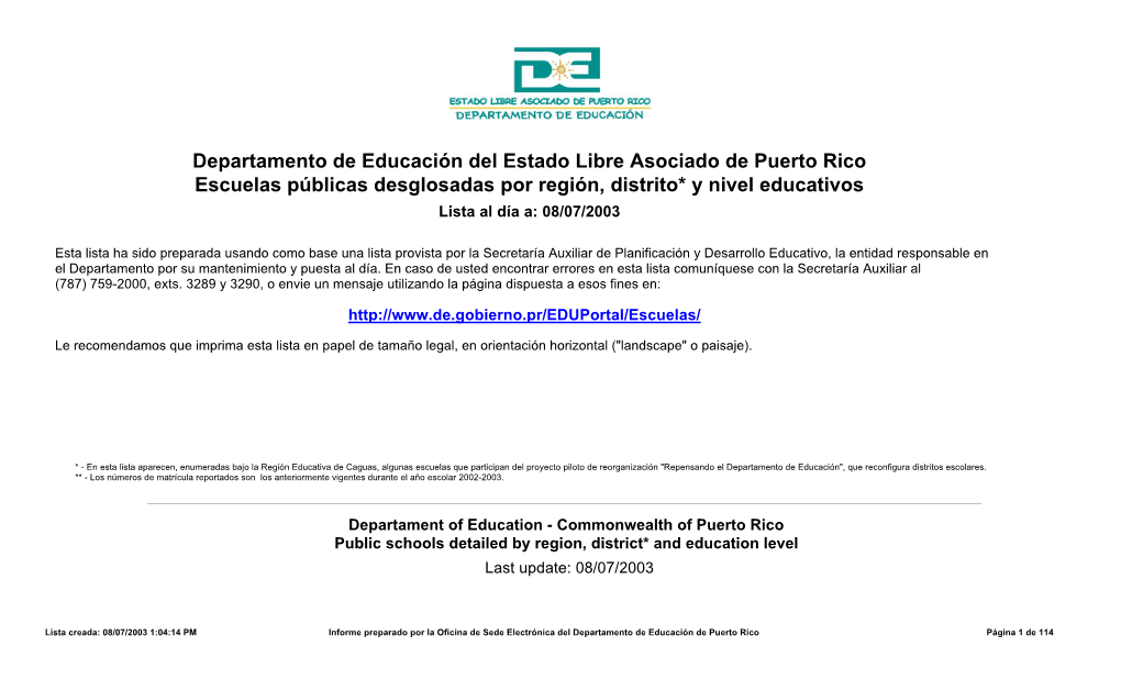 Departamento De Educación Del Estado Libre Asociado De Puerto Rico Escuelas Públicas Desglosadas Por Región, Distrito* Y Nivel Educativos Lista Al Día A: 08/07/2003