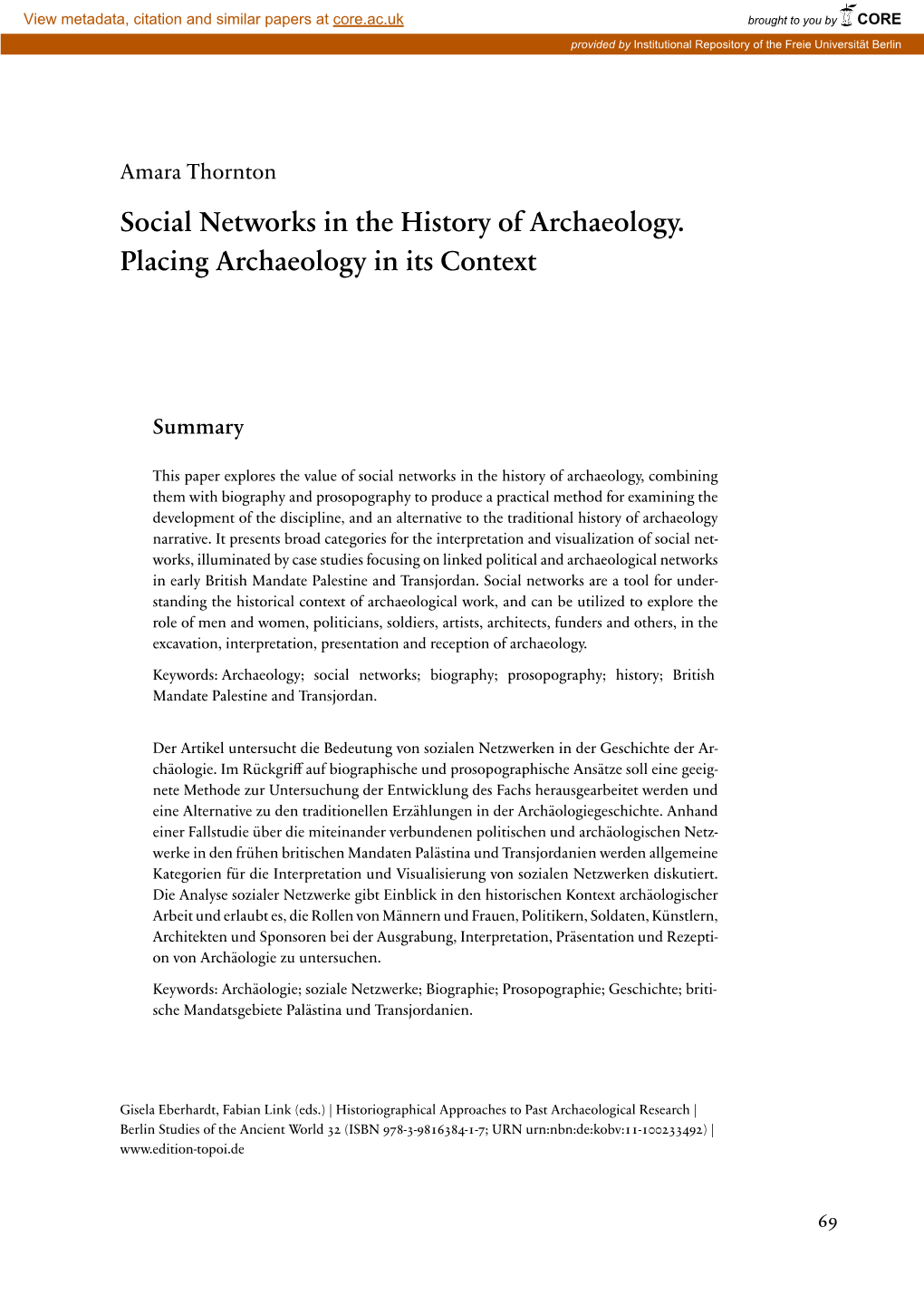 Social Networks in the History of Archaeology. Placing Archaeology in Its Context