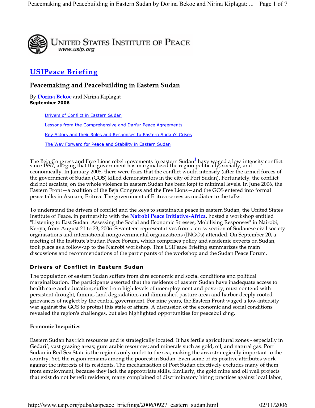 Usipeace Briefing Peacemaking and Peacebuilding in Eastern Sudan by Dorina Bekoe and Nirina Kiplagat September 2006