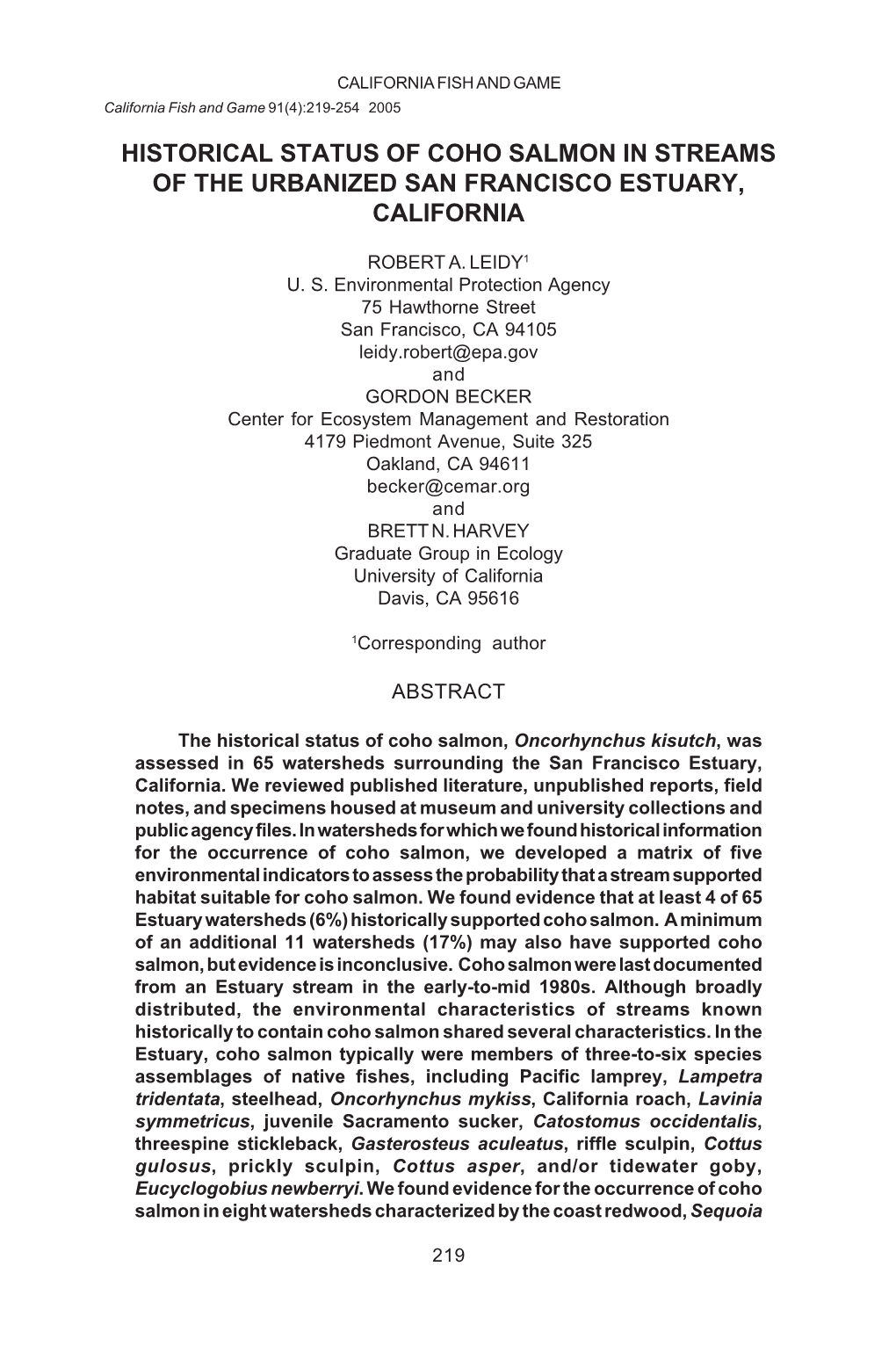 Historical Status of Coho Salmon in Streams of the Urbanized San Francisco Estuary, California