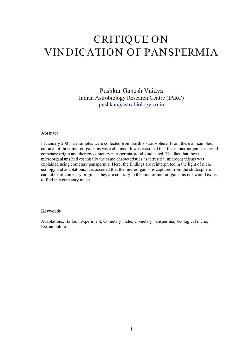 Critique on Vindication of Panspermia