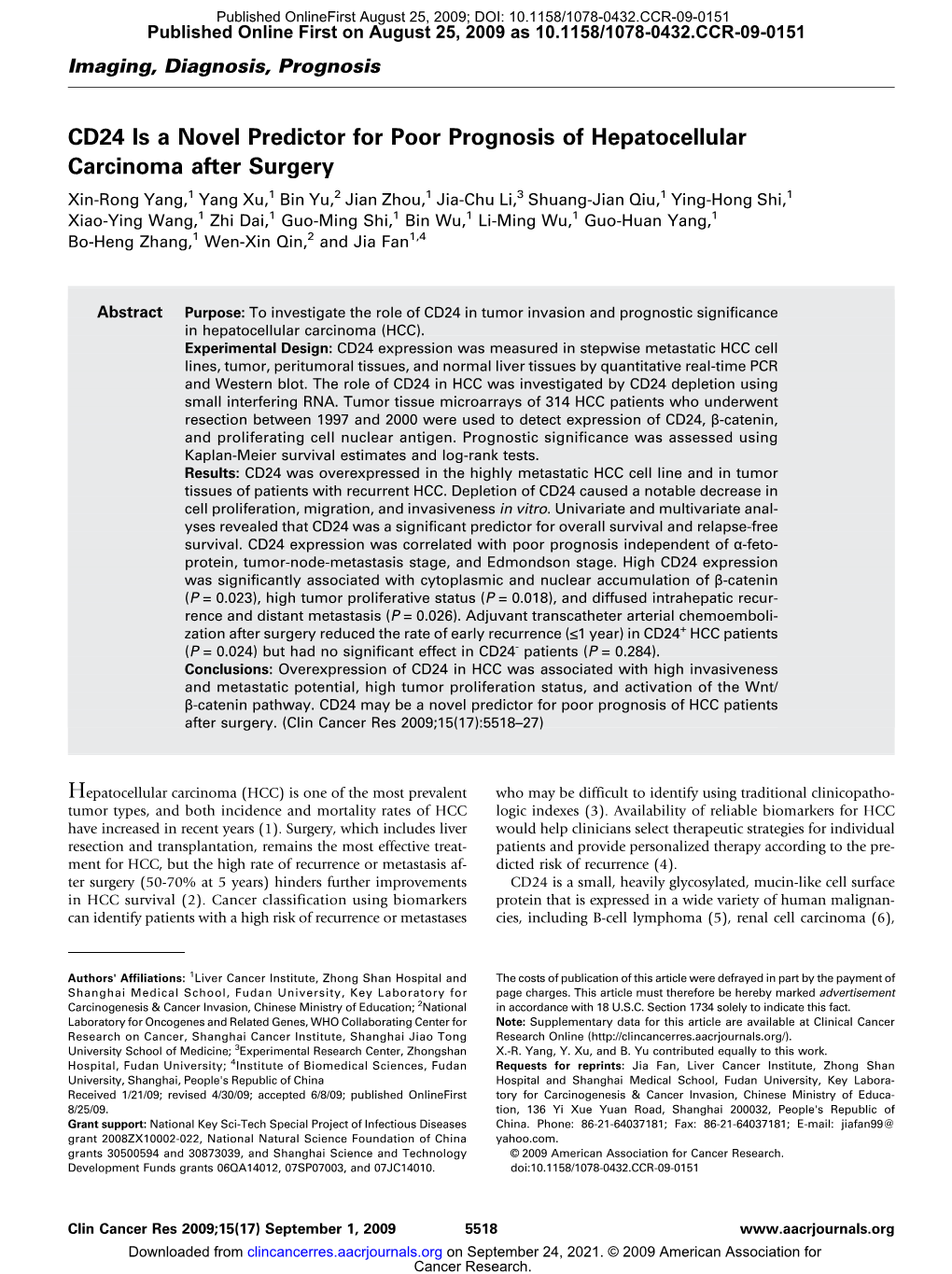 CD24 Is a Novel Predictor for Poor Prognosis of Hepatocellular