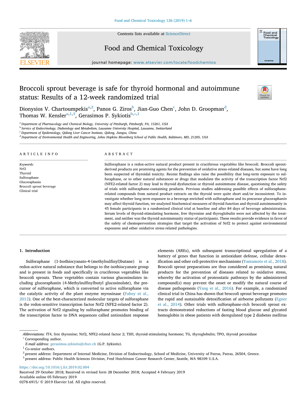 Broccoli Sprout Beverage Is Safe for Thyroid Hormonal and Autoimmune Status: Results of a 12-Week Randomized Trial T