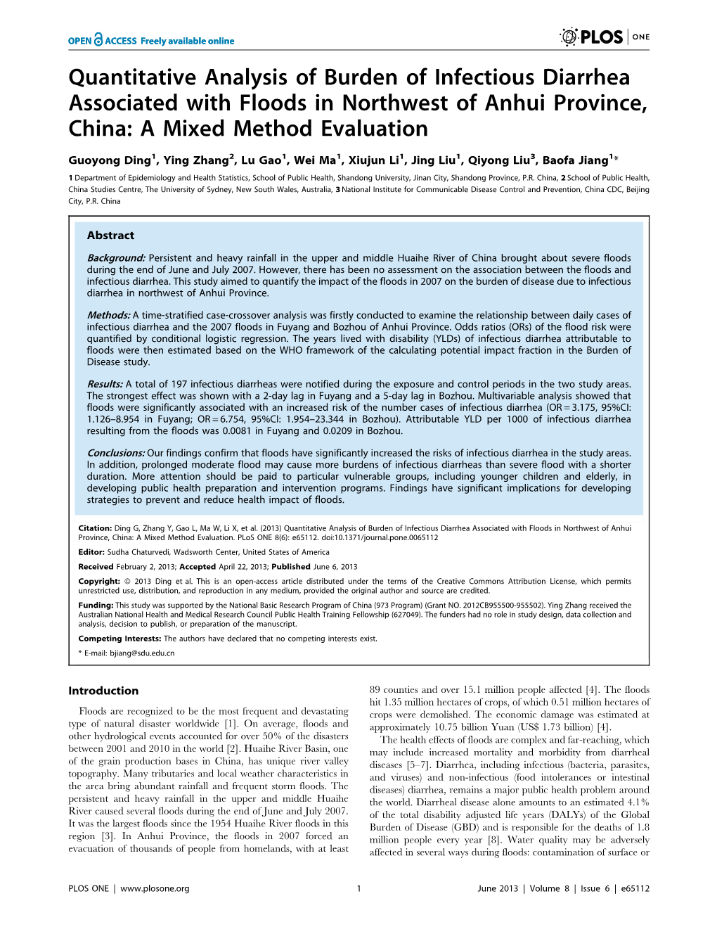Quantitative Analysis of Burden of Infectious Diarrhea Associated with Floods in Northwest of Anhui Province, China: a Mixed Method Evaluation