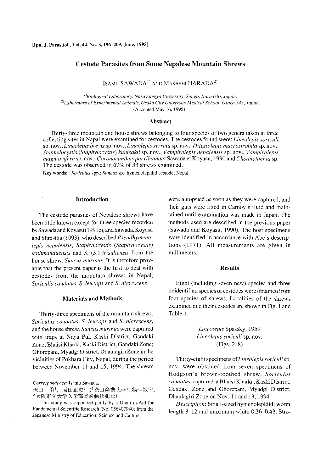 Cestode Parasites from Some Nepalese Mountain Shrews