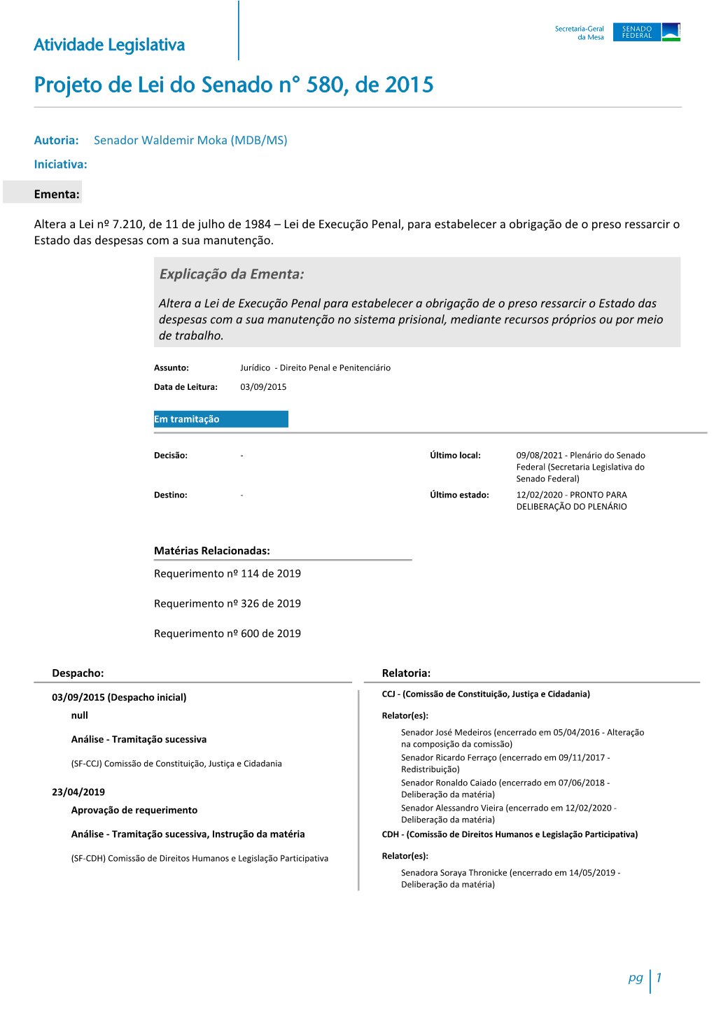 Projeto De Lei Do Senado N° 580, De 2015