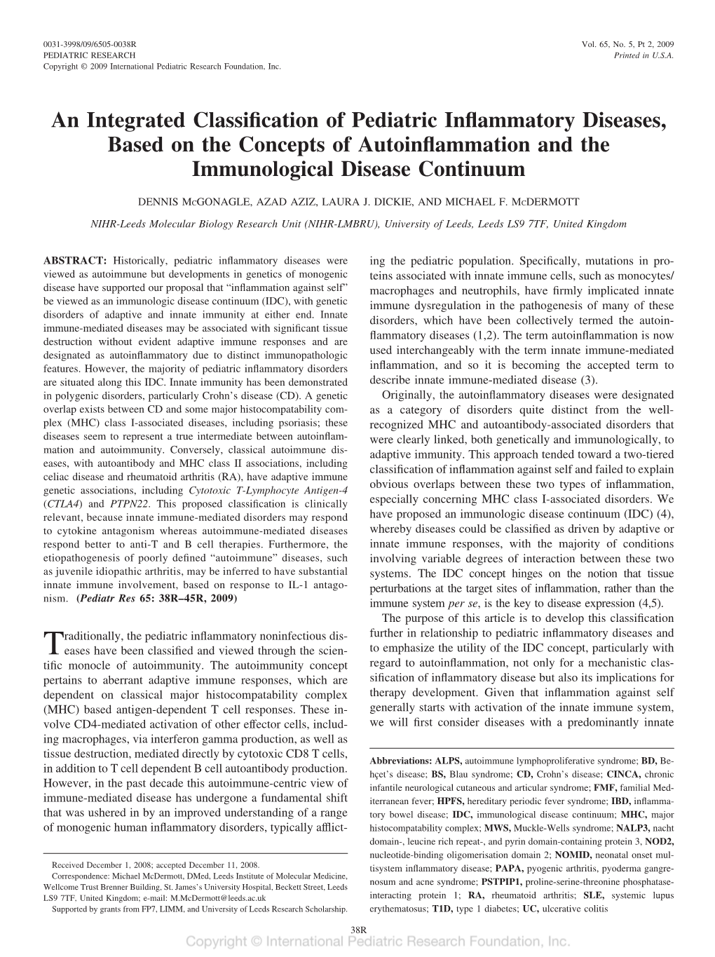 An Integrated Classification of Pediatric Inflammatory Diseases