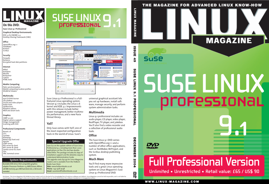 SUSE LINUX 9.1 PROFESSIONAL DECEMBER 2004 Anage Security, and Perform ,M Fice Re Ealplayer, TV Player, and Jukebox