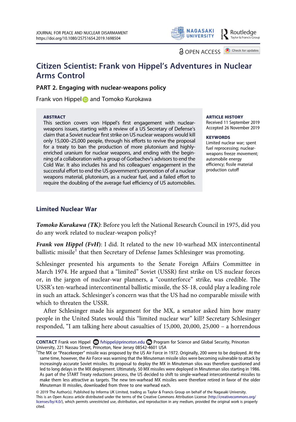 Citizen Scientist: Frank Von Hippel's Adventures in Nuclear Arms Control