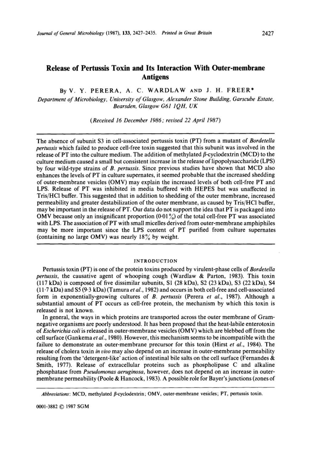 Release of Pertussis Toxin and Its Interaction with Outer-Membrane Antigens