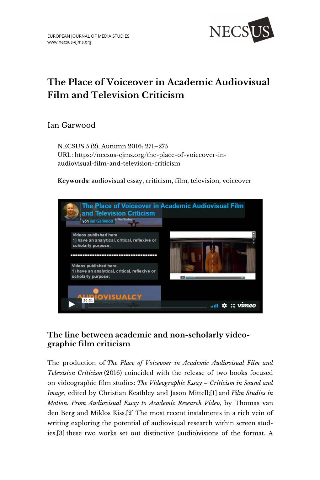 The Place of Voiceover in Academic Audiovisual Film and Television Criticism