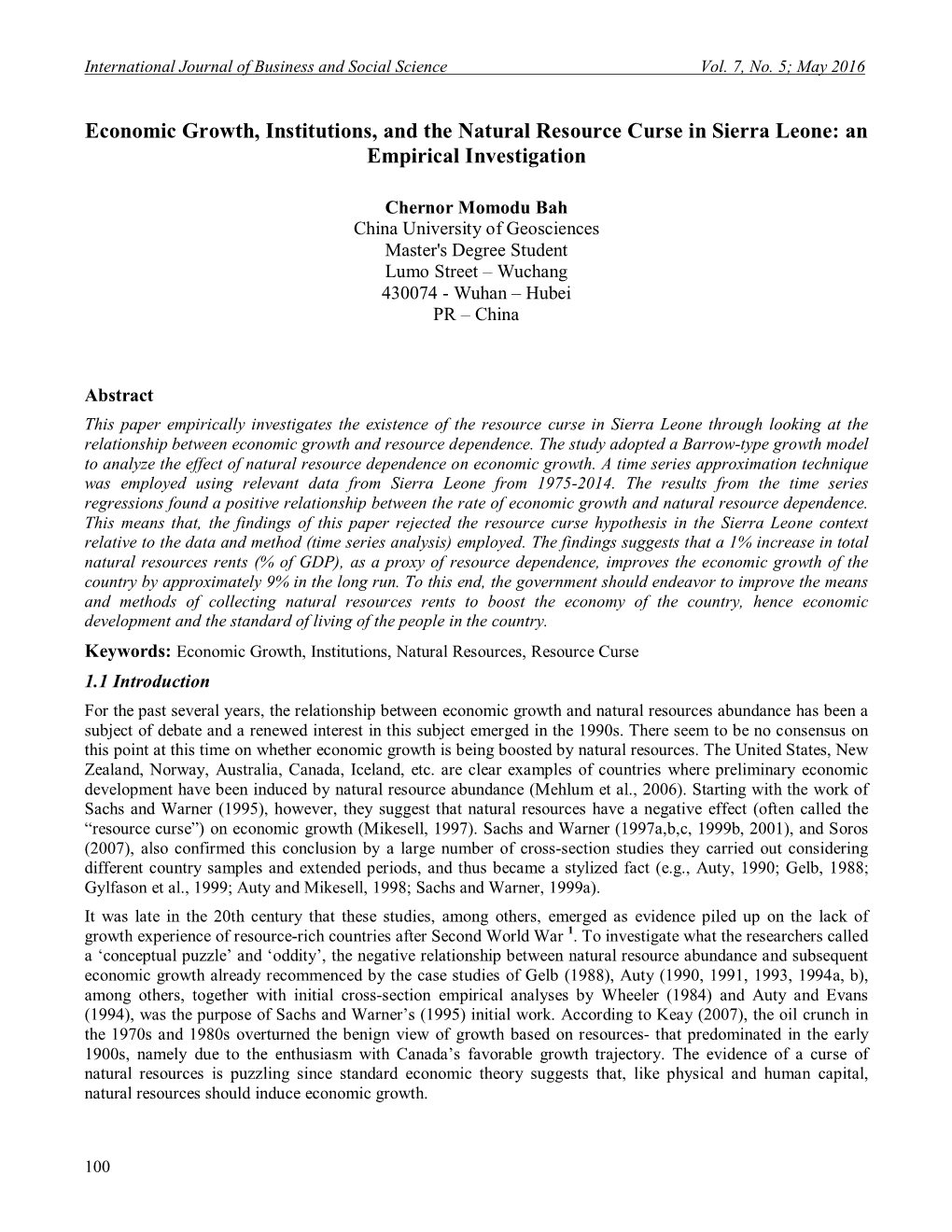 Economic Growth, Institutions, and the Natural Resource Curse in Sierra Leone: an Empirical Investigation