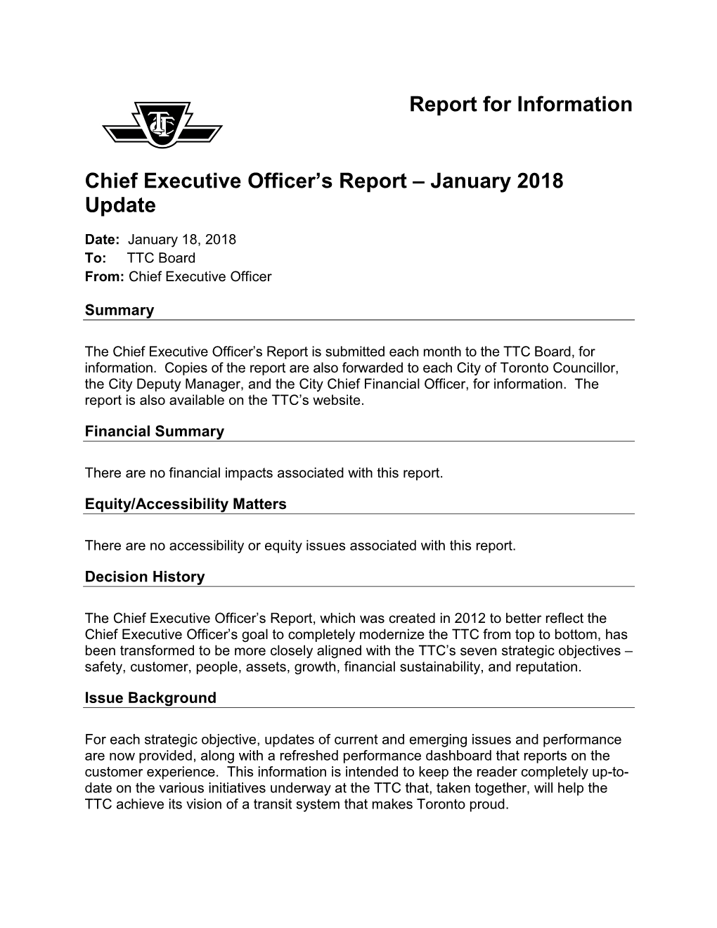 Chief Executive Officer's Report – January 2018 Update