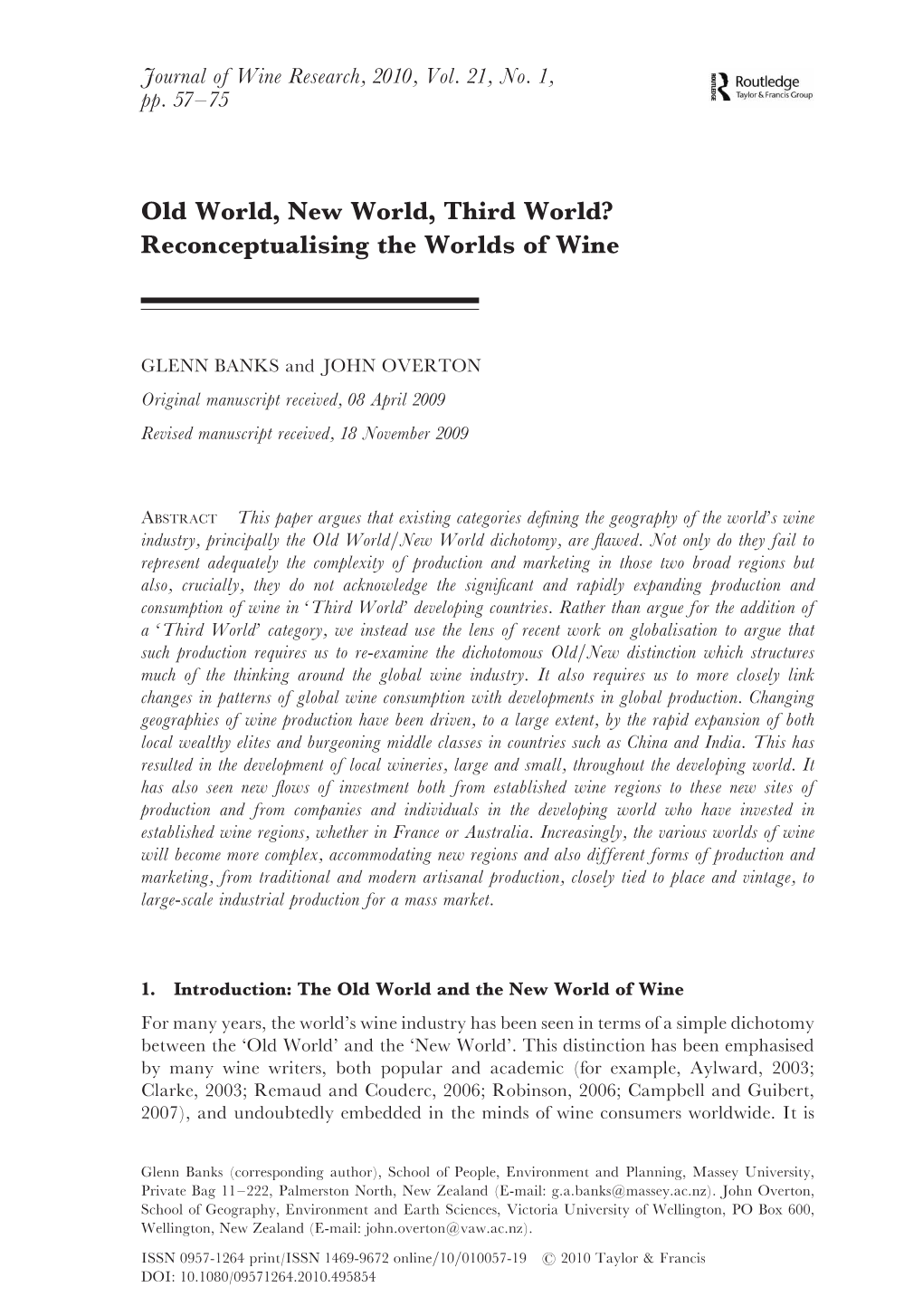 Old World, New World, Third World? Reconceptualising the Worlds of Wine