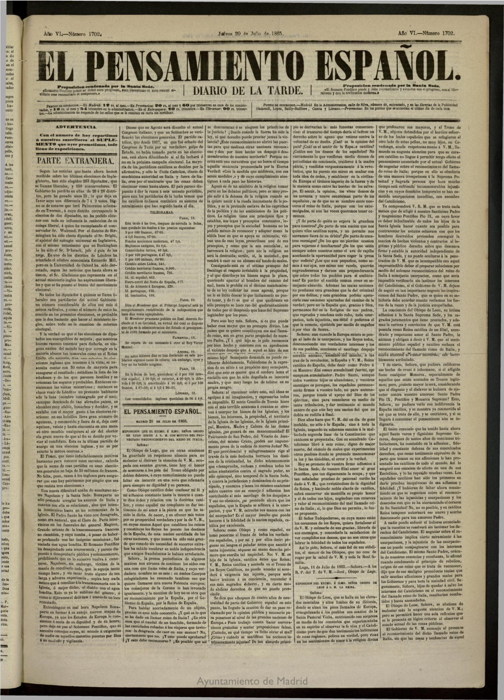 El Pensamiento Español Del 20 De Julio De 1865, Nº 1702