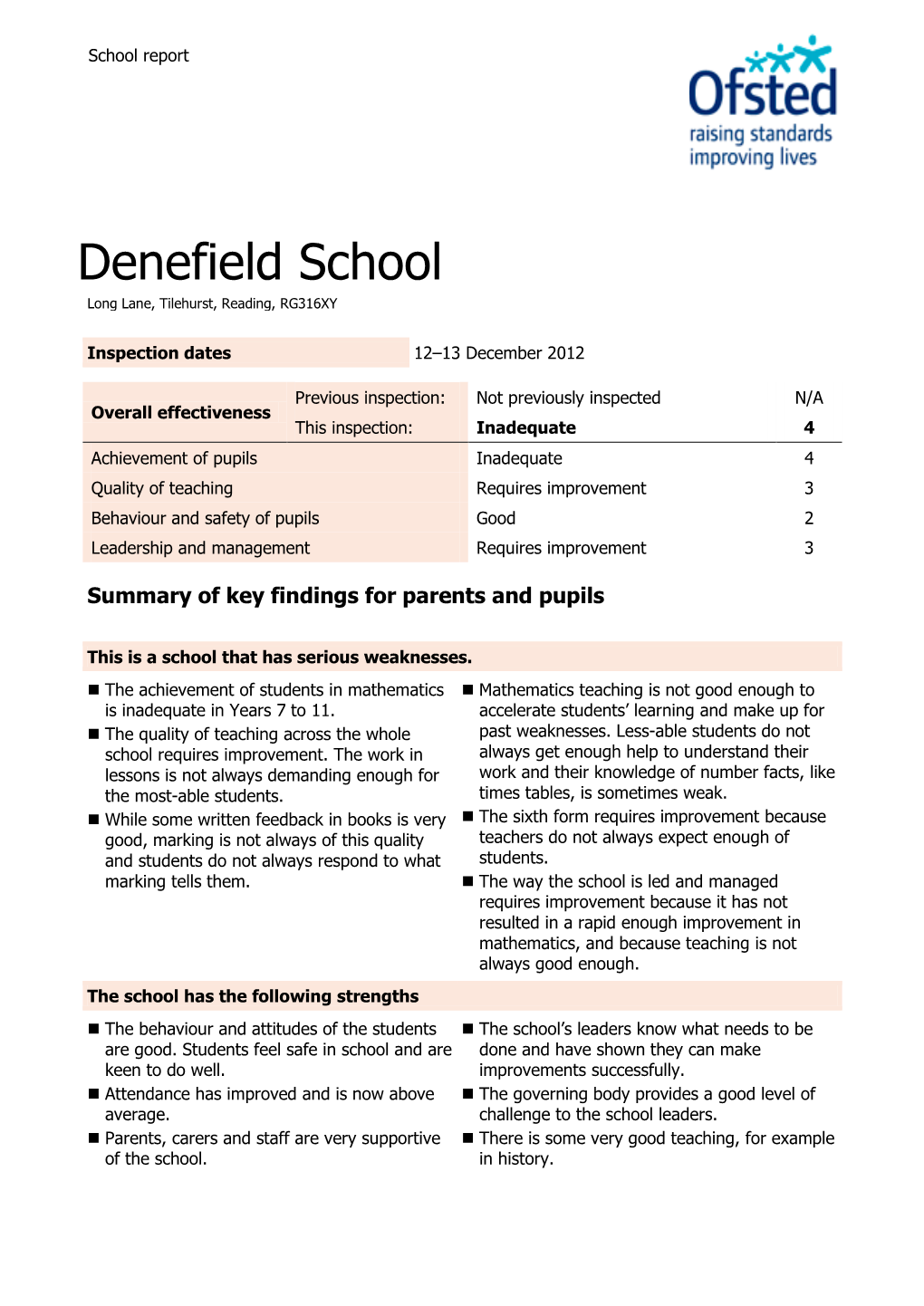 Denefield School Long Lane, Tilehurst, Reading, RG316XY