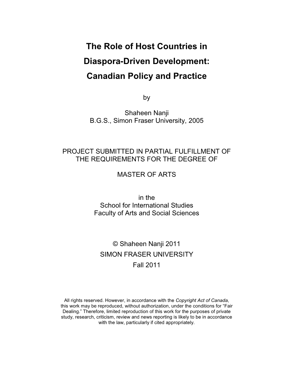 The Role of Host Countries in Diaspora-Driven Development: Canadian Policy and Practice